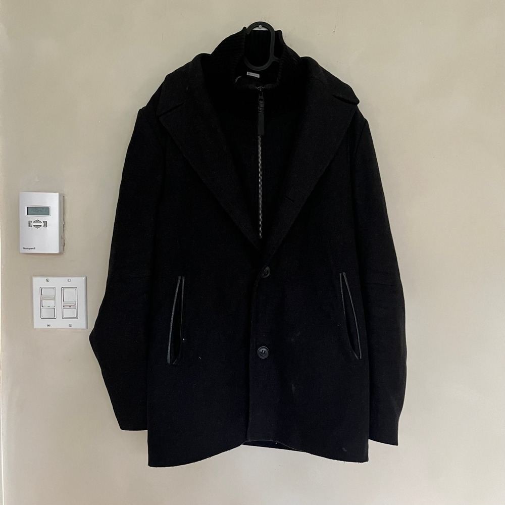 Mackage Men's Black Wool Blend Double Breasted Coat with Leather Trim Size 40 - Picture 7 of 16